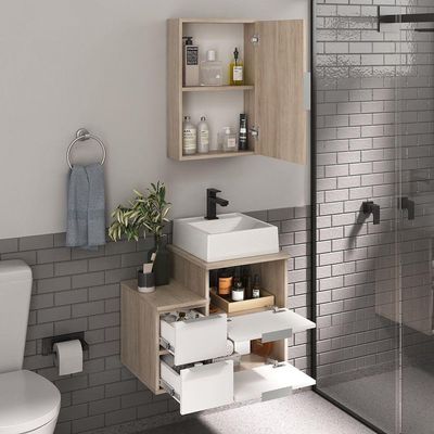 Conjunto Gabinete Banheiro Nivus 60 (gabinete+espelheira+cuba) Madeirado Branco