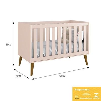 Dormitório Infantil Theo Retrô 2 Portas Cômoda 1 Porta E Berço Rosa Fosco Com Pés Amadeirado Reller Móveis Rosa Fosco