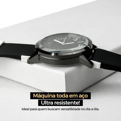 Relogio Masculino Aço Inox Silicone Preto + Caixa Premium Presente Robusto Branco Preto Social