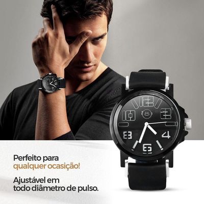 Relogio Masculino Aço Inox Silicone Preto + Caixa Premium Presente Robusto Branco Preto Social