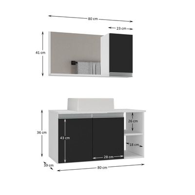 Conjunto Gabinete Banheiro Virtus 80cm - Gabinete + Cuba + Espelheira Branco Preto