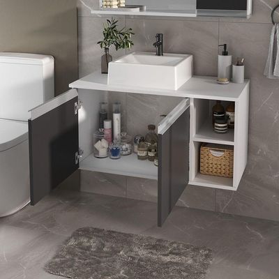 Conjunto Gabinete Banheiro Virtus 80cm - Gabinete + Cuba + Espelheira Branco Preto
