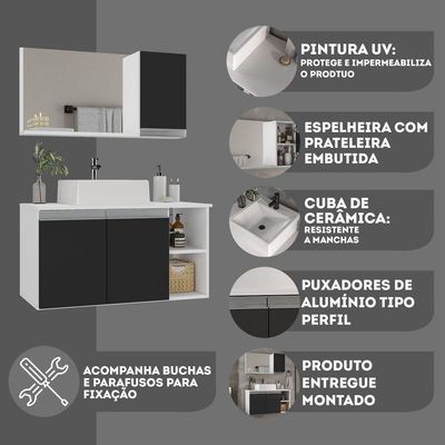 Conjunto Gabinete Banheiro Virtus 80cm - Gabinete + Cuba + Espelheira Branco Preto