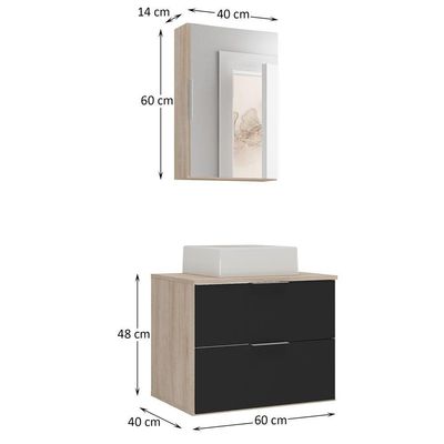 Conjunto Gabinete Banheiro Rubi 60cm Gabinete + Cuba + Espelheira Madeirado Preto