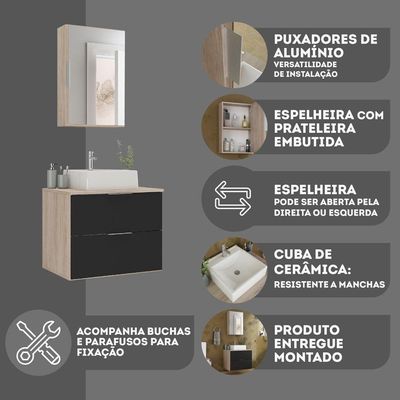 Conjunto Gabinete Banheiro Rubi 60cm Gabinete + Cuba + Espelheira Madeirado Preto