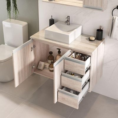 Conjunto Gabinete Banheiro Prisma 80cm Gabinete + Cuba + Espelheira Com Vidro Madeirado Inteiro