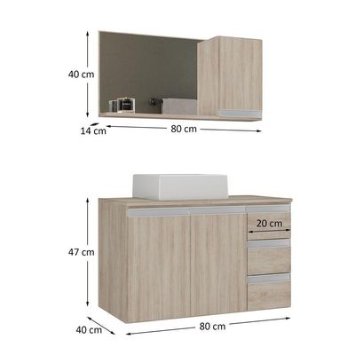 Conjunto Gabinete Banheiro Prisma 80cm Gabinete + Cuba + Espelheira Com Vidro Madeirado Inteiro