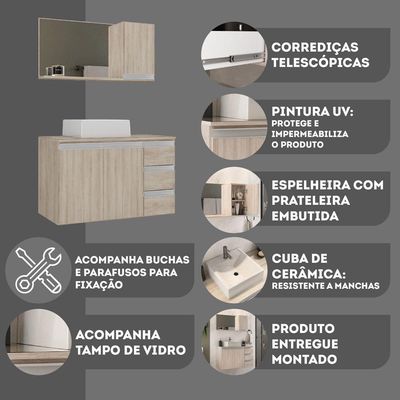 Conjunto Gabinete Banheiro Prisma 80cm Gabinete + Cuba + Espelheira Com Vidro Madeirado Inteiro