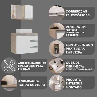 Conjunto Gabinete Banheiro Prisma 60cm - Gabinete + Cuba + Espelheira - Com Vidro Madeirado Branco