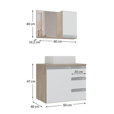 Conjunto Gabinete Banheiro Prisma 60cm - Gabinete + Cuba + Espelheira - Com Vidro Madeirado Branco