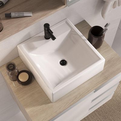 Conjunto Gabinete Banheiro Prisma 60cm - Gabinete + Cuba + Espelheira - Com Vidro Madeirado Branco
