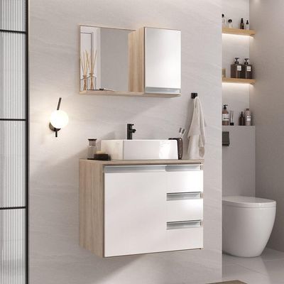 Conjunto Gabinete Banheiro Prisma 60cm - Gabinete + Cuba + Espelheira - Com Vidro Madeirado Branco