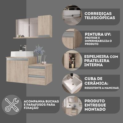 Conjunto Gabinete Banheiro Cross 80 (gabinete+espelheira+cuba) Madeirado Inteiro