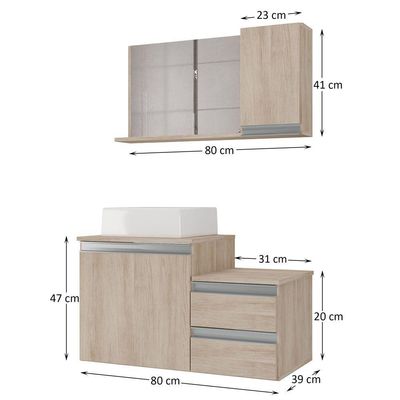 Conjunto Gabinete Banheiro Cross 80 (gabinete+espelheira+cuba) Madeirado Inteiro