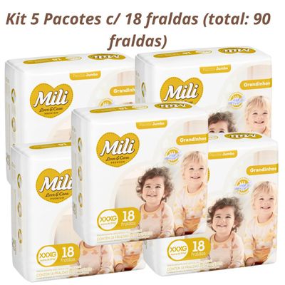 Fralda Descartável Mili Love & Care 5 Pacotes c/ 18 (total: 90 fraldas)  Tam: XXXG - Grandinho