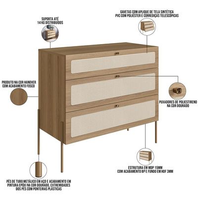 Cômoda Com 03 Gavetas Para Quarto Closet Industrial Indy A03 Hanover Dourado - Lyam Decor