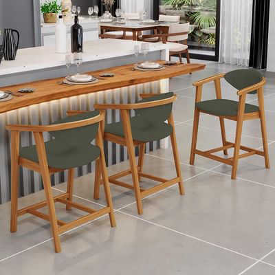 Kit 02 Banquetas Baixa Para Cozinha Sala Jantar Bancada Cecília L02 Linho Verde Musgo - Lyam Decor