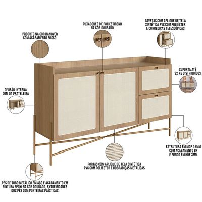 Aparador Buffet Para Sala de Jantar 139cm Industrial Indy A03 Hanover Dourado - Lyam Decor