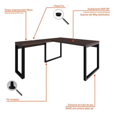 Mesa de Escritório em L Miguel Marrom Escuro e Preta 150x150 cm