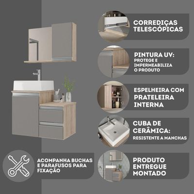 Conjunto Gabinete Banheiro Cross 60 (gabinete+espelheira+cuba) Madeirado Cinza