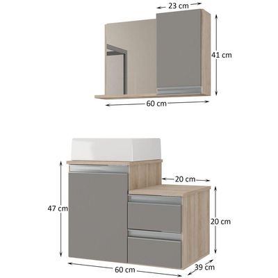 Conjunto Gabinete Banheiro Cross 60 (gabinete+espelheira+cuba) Madeirado Cinza