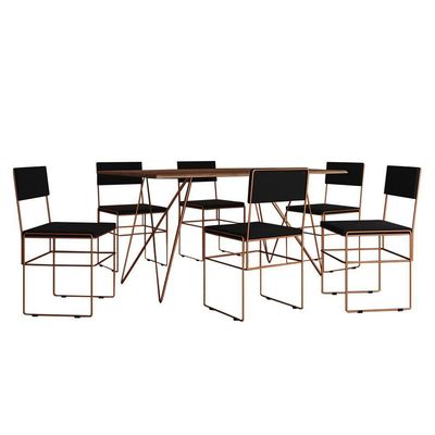 Mesa Jantar Retangular Industrial Trama 1,50x0,90m Amêndoa 6 Cadeiras Estofadas Preta E Cobre Vitóri Marrom