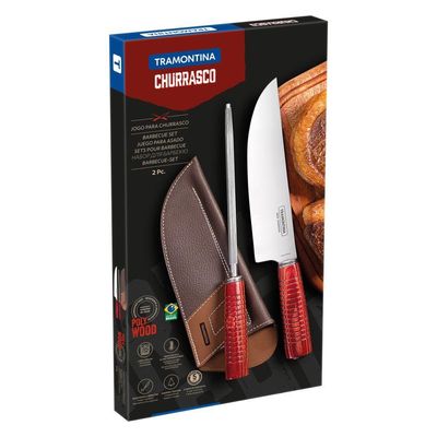 Jogo Para Churrasco Tramontina Em Aço Inox E Cabo Vermelho Polywood Com Bainha De Couro 2 Peças