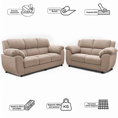 Sofá de 3 e 2 Lugares Cama inBox Paris com 202cm e 152cm de Larguras e Revestidos em Bouclé Bege Claro