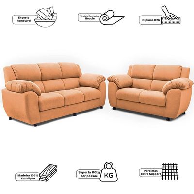 Sofá de 3 e 2 Lugares Cama inBox Paris com 202cm e 152cm de Larguras e Revestidos em Bouclé Caramelo
