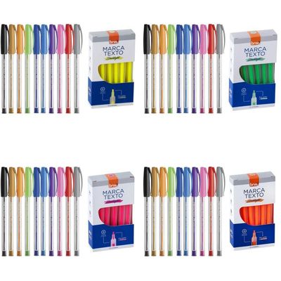 Kit Caneta Trilux Com 10 Cores + Caixa Marca Texto Fluorescente Verde
