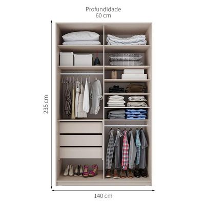 Guarda-Roupa Solteiro com Espelho Zermatt 100% MDF  2 PT 3 GV Bege