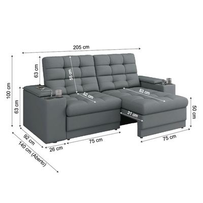 Sofá Retrátil E Reclinável 2,05m 3 Lugares Com Porta Copos Kansas Veludo Cinza Luizzi Cinza