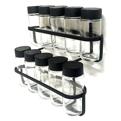 Porta Tempero Condimento 10 Potes Vidro Tampa Dosadora Suporte Preto Organizador de Parede
