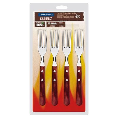 Conjunto Garfos Jumbo Churrasco Tramontina Aço Inox Cabo Vermelho Polywood 4 Peças Tramontina