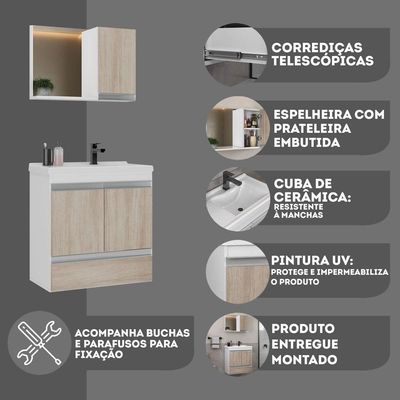 Conjunto Gabinete Banheiro Fox 60cm (gabinete + Cuba + Espelheira) Branco Madeirado