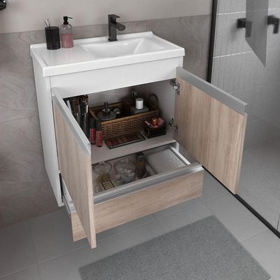 Conjunto Gabinete Banheiro Fox 60cm (gabinete + Cuba + Espelheira) Branco Madeirado