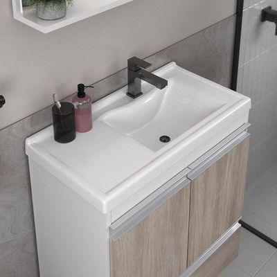 Conjunto Gabinete Banheiro Fox 60cm (gabinete + Cuba + Espelheira) Branco Madeirado