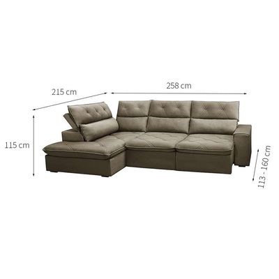 Sofá 4 Lugares Retrátil e Reclinável com Chaise Esquerdo Noruega Veludo Amêndoa