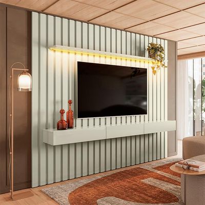 Painel Ripado com Rack Suspenso até 70 Polegadas Tulum com LED 1 PT 2 GV Off White Alt 242 Larg 222 cm