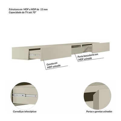 Painel Ripado com Rack Suspenso até 70 Polegadas Tulum com LED 1 PT 2 GV Off White Alt 218 Larg 222 cm