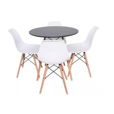 Conjunto De Mesa De Jantar Eames Eiffel Redonda 100cm Tampo De Madeira Preto Com 4 Cadeiras Brancas