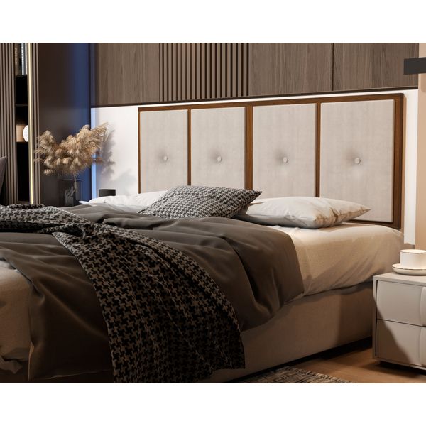Painel Cabeceira Box Casal 1,40 Detalhe Madeira Suede Bege - Comprar Moveis em Casa Painel Cabeceira Box Casal 1,40 Detalhe Madeira Suede Bege - Comprar Moveis em Casa