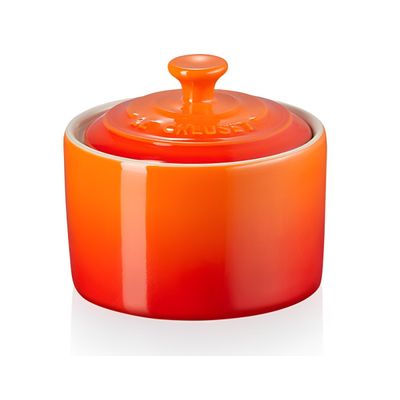 KIT LE CREUSET AÇUCAREIRO POTE DE MANTEIGA 2 CANECAS BISTRÔ 400ML E CHALEIRA DEMI 1L LARANJA