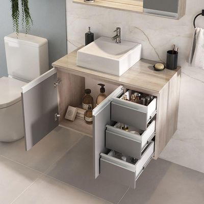 Conjunto Gabinete Banheiro Prisma 80cm Gabinete + Cuba + Espelheira Com Vidro Madeirado Cinza