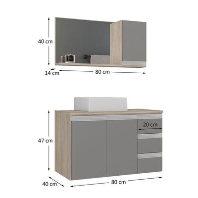 Conjunto Gabinete Banheiro Prisma 80cm Gabinete + Cuba + Espelheira Com Vidro Madeirado Cinza