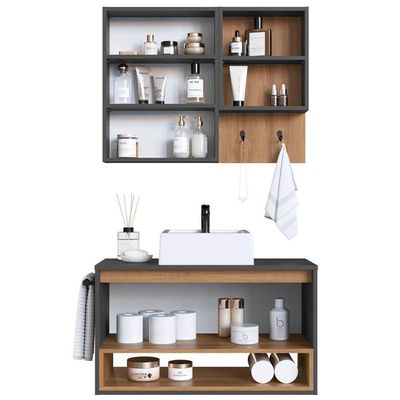 Conjunto Armario E Gabinete 80cm Com Cuba Mel Grafite Proddy Mel Grafite