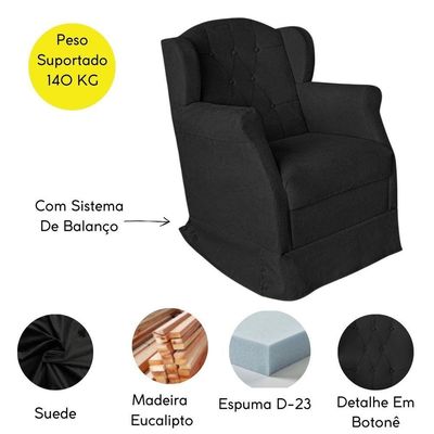 Poltrona Amamentação Cadeira Reforçada Balanço Lile Suede preto
