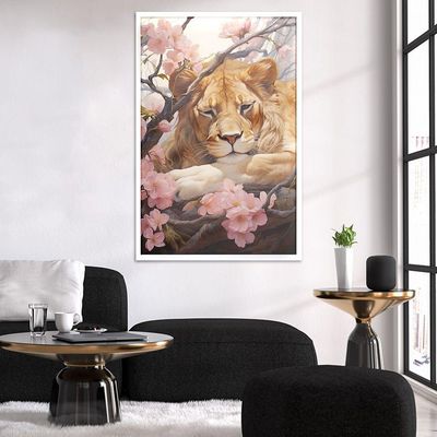 Quadro Decorativo Leão Flor Cerejeira Moldura Cx Alta 100x66 Titulo Moldura Branca