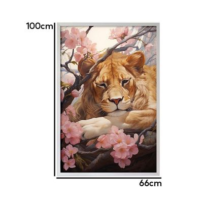 Quadro Decorativo Leão Flor Cerejeira Moldura Cx Alta 100x66 Titulo Moldura Branca