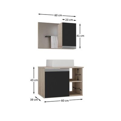 Conjunto Gabinete Banheiro Virtus 60cm - Gabinete + Cuba + Espelheira Madeirado Preto